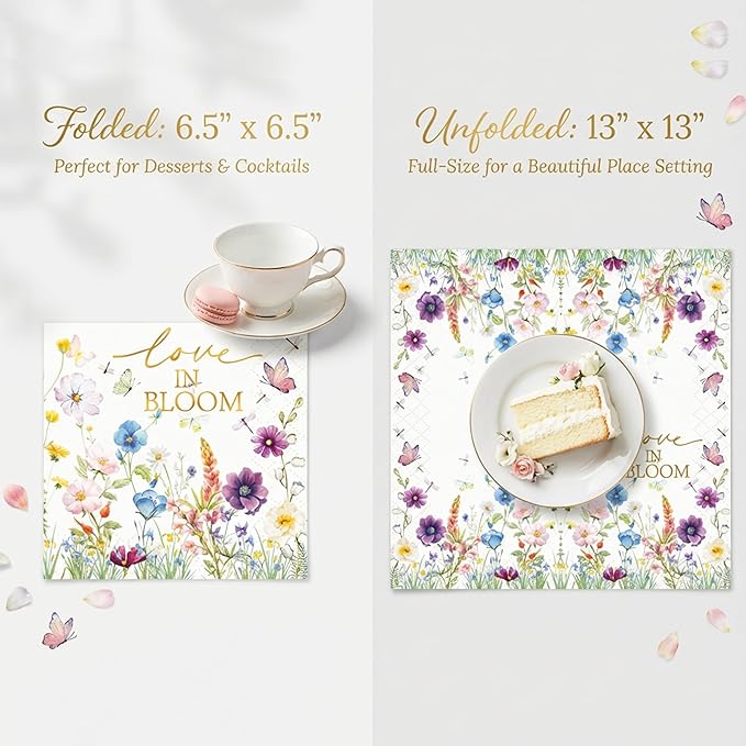 100 Pcs Cocktail Napkins Bulk, Love in Bloom Floral Paper Napkins Disposable, Everyday Beverage & Dinner Napkins for Wedding, Bridal Shower, Party Decorations, Bathroom Guest Towels