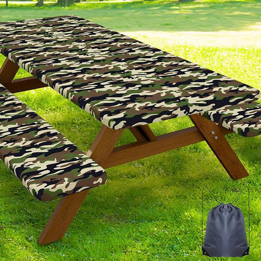 Smiry Picnic Table Cover with Bench Covers, Waterproof Elastic Fitted Tablecloth for 6 Foot Tables, Washable Polyester Camouflage Tablecloths for Camping & Indoor (Olive Drab, 30x72 Inch 3-pc Set)