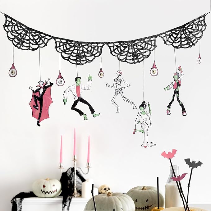 Cheerland Halloweens Garland Skeleton Garland Decoration Spooky Banner Spider Web Halloween Party Decorations Hanging Monster Bash Haunted Summerween Gothic Horror Birthday Skull Party Supplies