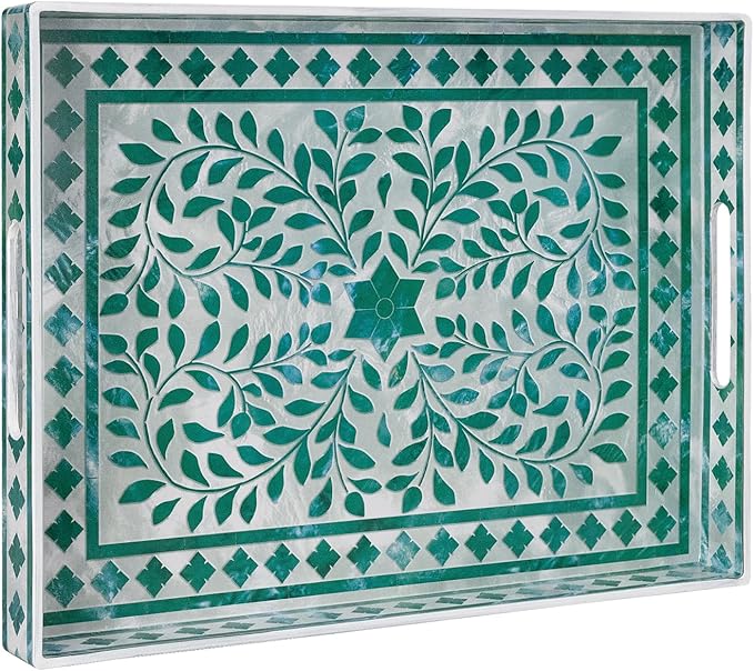 MAONAME Rectangular Decorative Tray, Plastic Serving Tray with Handles, Modern Green Trays for Ottoman, Coffee Table Trays for Living Room, Home Decor, 15.7" x 11.8" x 1.6"