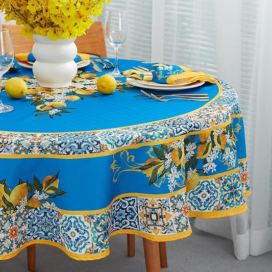 YiHomer Provence Blue Lemon Mediterranean Tile Tabletop for Spring Summer Decorations, Picnics and Dinner Parties - Indoor Outdoor, Stain and Water Resistant, Tablecloth, 70" Round