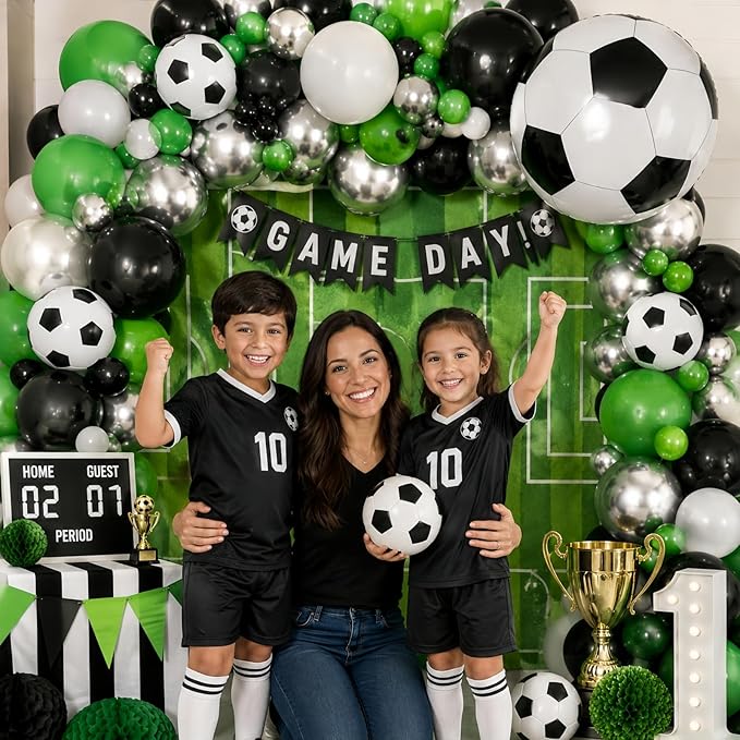 Soccer Balloons, 12 Inch Green Black White Metallic Silver Latex Balloons with Soccer Ball 4D Foil Balloon for Boys Kids Sport Theme Birthday Decorations Football Lover Men Party Baby Shower Decor