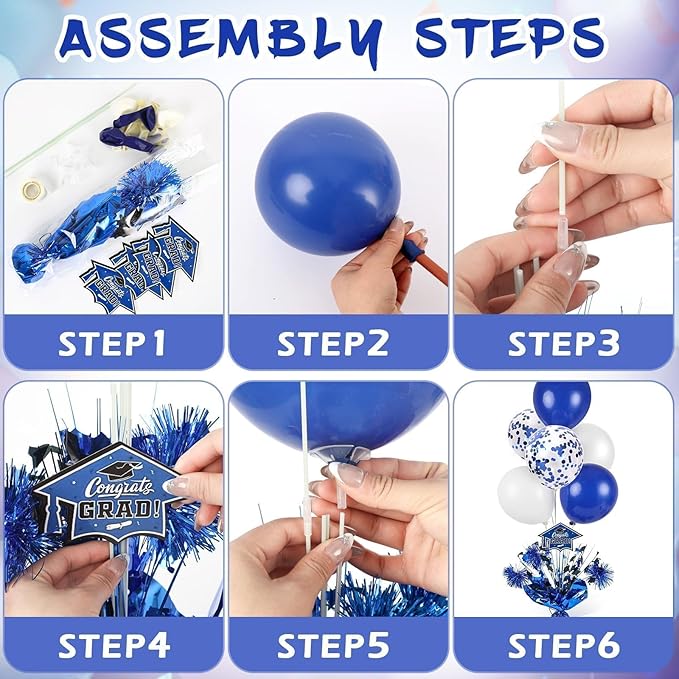 4 PCS Graduation Centerpieces for Tables Balloons Stand Holder Kit College Graduation Decorations 2026 Metallic Glitter Foil Balloon for Graduation Party Decorations Prom Send off Party(4, Blue White)