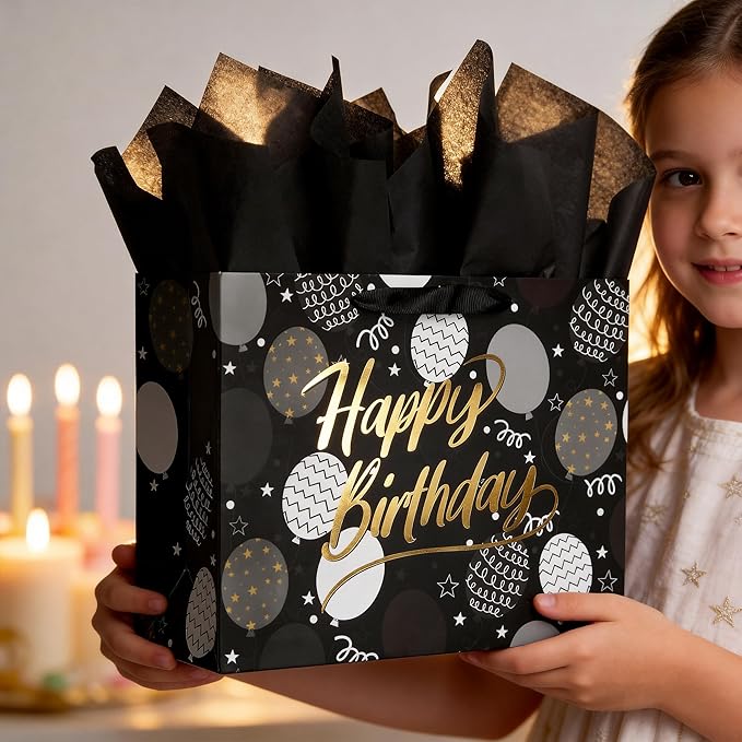 Bobobag 13" Black Birthday Gift Bag with Tissue Paper and Greeting Card for Men, Gift Ideals for Adults, Boys and Kids