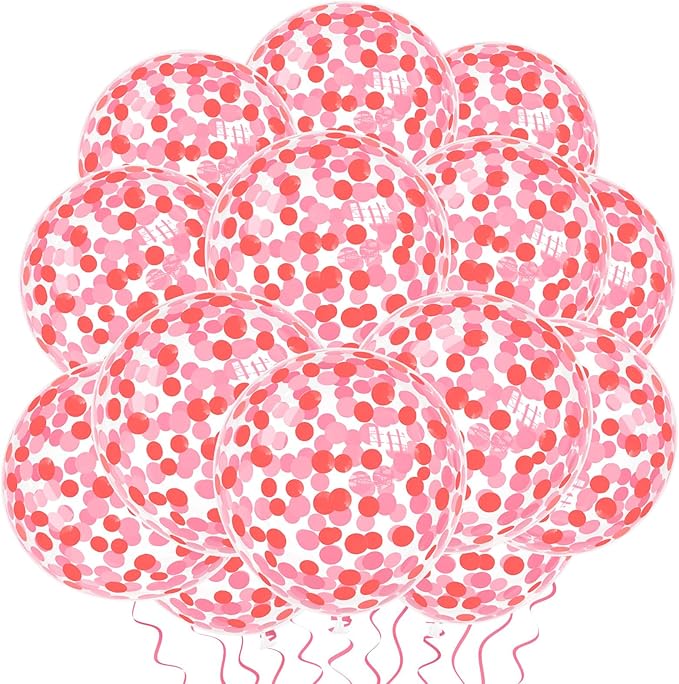VHUWE Red Pink Confetti Balloons 25 Pcs, 12 Inch Thickened Clear Latex Balloon with Confetti Inside for Birthday Party Baby Shower Graduation Anniversary Engagement Decorations Supplies -Paper