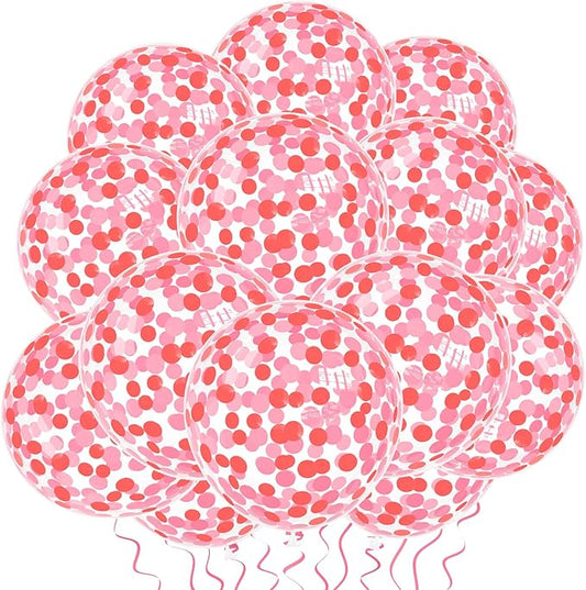 VHUWE Red Pink Confetti Balloons 25 Pcs, 12 Inch Thickened Clear Latex Balloon with Confetti Inside for Birthday Party Baby Shower Graduation Anniversary Engagement Decorations Supplies -Paper
