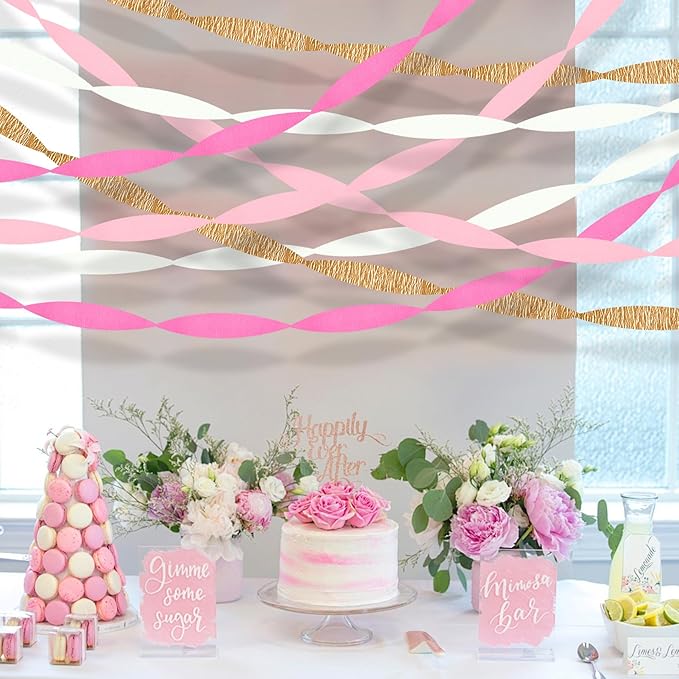 Pink Streamers Party Decorations, 8 Rolls 656ft Pink and Gold Crepe Paper Streamers for Wedding, Bridal Shower, Baby Shower, Birthday, Valentines Day, Bachelorette, Girl Party Backdrop Decorations