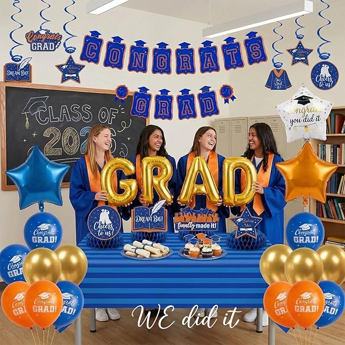 Blue Orange Gold Balloons GRAD Print Balloons with Banner Table Honeycomb Centerpieces Hanging Swirl star GRAD Letters Mylar Balloons for 2026 graduate Prom Decorations