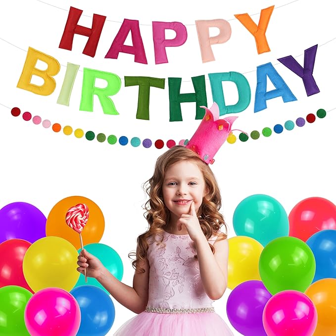 2 PCS Pre-Strung 3D Felt Happy Birthday Banner - Reusable Rainbow Happy Birthday Decorations Sign, Felt Ball Garland, Pom Pom Garland, Party Decor, Photo Prop (RAINBOW)