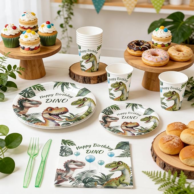 144Pcs Dinosaur Birthday Party Supplies Decorations Dino Themed Paper Plates Napkins Vintage Dinosaur Party Tableware Disposable Dinnerware for Boy Kids Birthday Baby Shower Table Decor, Serve 24