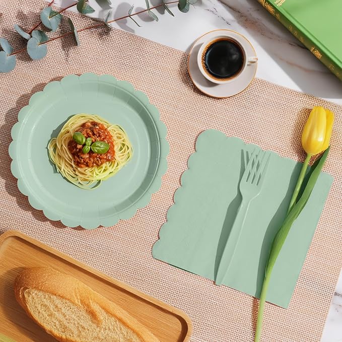 105PCS Paper Plates and Napkins Set, 7 Inch Scalloped Disposable Tableware with Forks for Birthdays, Garden Parties & Outdoor Events,Serves 35 (Sage Green)