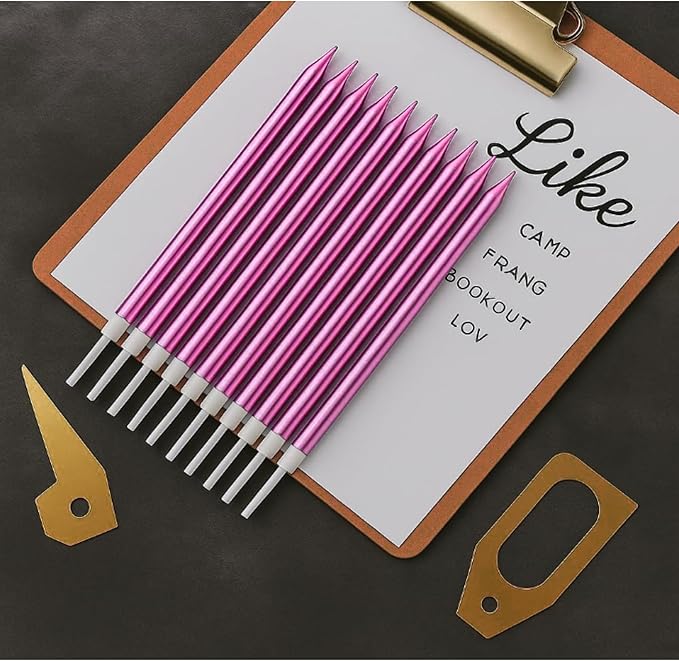 by Tugba Aydan - Pink Birthday Candles, 24 Pack, Long Thin Metallic Cake Candles with Holders, Elegant Pink Candles for Cakes, Cupcakes & Parties