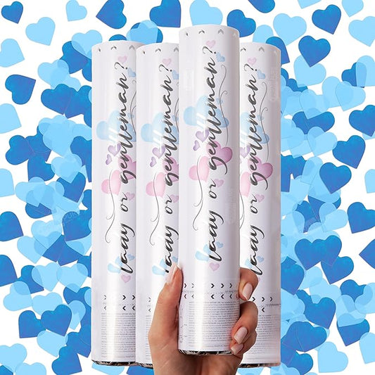 PrimePure Gender Reveal Confetti Cannon - Biodegradable Heart Shaped Confetti Poppers - Blue, 4 Pack - Baby Boy Gender Reveal Party Poppers - Blue Paper Baby Party Supplies Pop Gun