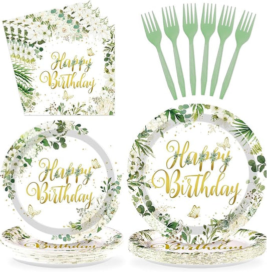 96Pcs Sage Green Happy Birthday Party Decorations Retro Green Birthday Plates Eucalyptus and White Flower Paper Plate Disposable Sage Tableware for Graduation Baby Shower Party Favors Serves 24
