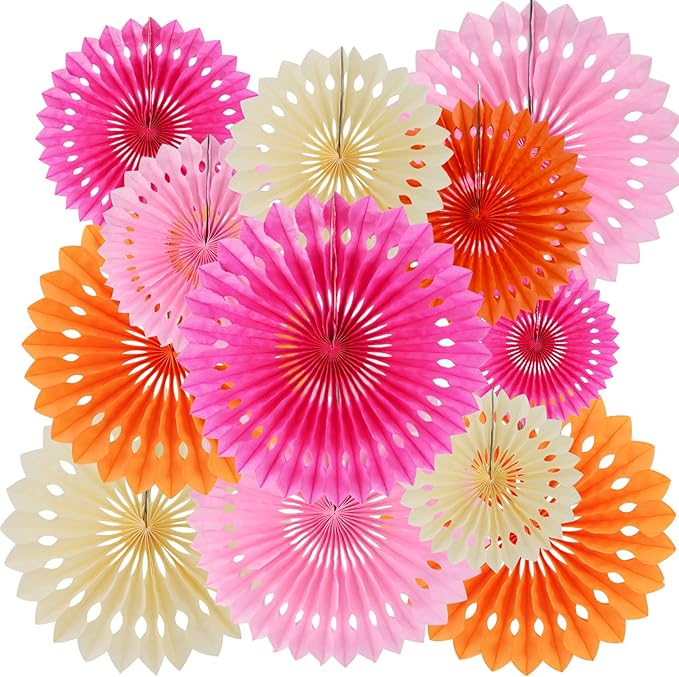 BEISHIDA Pink Orange White Tissue Hanging Honeycomb Round Paper Fans Decoration Set for Girls Birthday Baby Shower Thank's Giving Bachelorette Wedding Backdrops Anniversary Party Supplies(12 Packs)