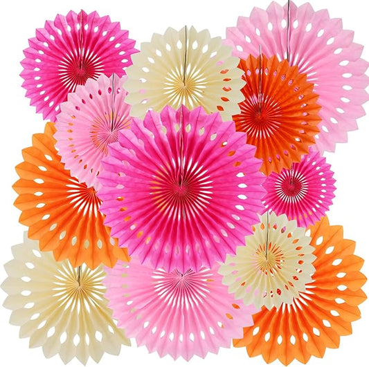 BEISHIDA Pink Orange White Tissue Hanging Honeycomb Round Paper Fans Decoration Set for Girls Birthday Baby Shower Thank's Giving Bachelorette Wedding Backdrops Anniversary Party Supplies(12 Packs)