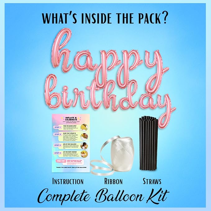 Rose Gold Happy Birthday Balloons Banner | Script/Cursive Rose Gold Letter Balloon Sign For Birthday Party Decor/Decoration | Foil Mylar Happy Birthday Banner