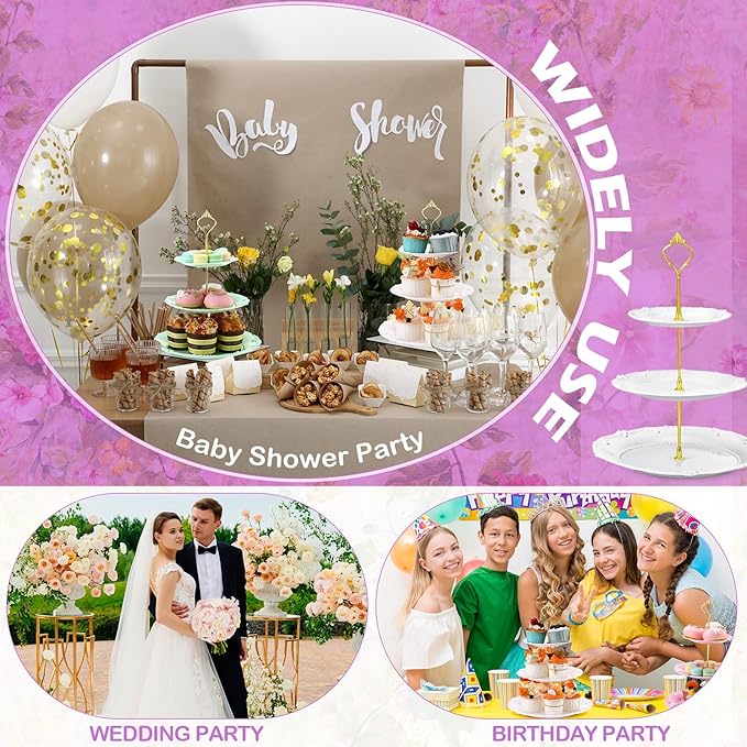 3 Sets Tea Party Decorations of 3 Tier Wedding Plastic Dessert Table Display Set Cupcake Stand Dessert Plates Cake Candy Display Tower Wedding Birthday Baby Shower Tea Party Decoration
