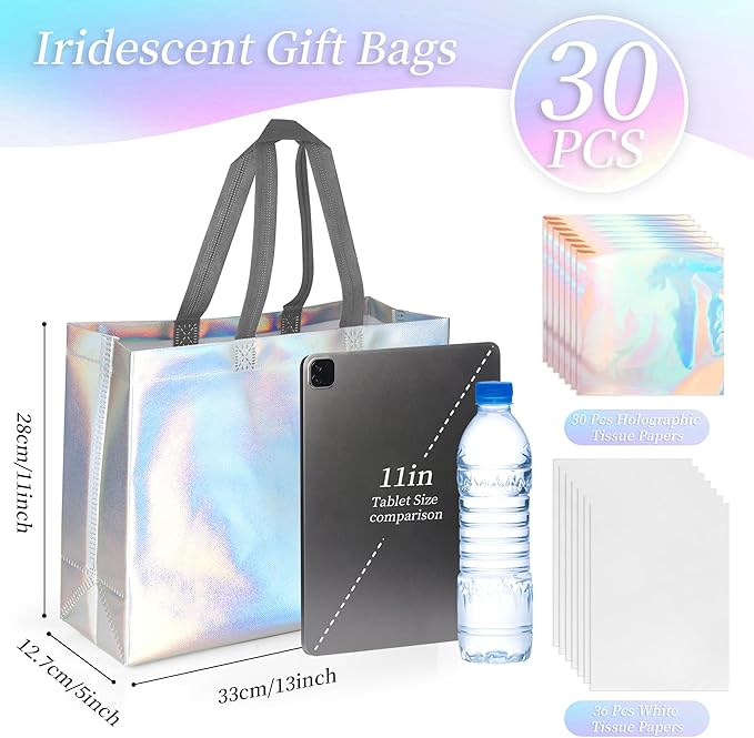 GouZaak 30 Pack Iridescent Gift Bags, Holographic Reusable Gift Bags With Dark Handles And 2 Style Tissue Paper, 13 x 5 x 11 Inch Large Size, Iridescent Party Favor For Wedding Birthday Holiday