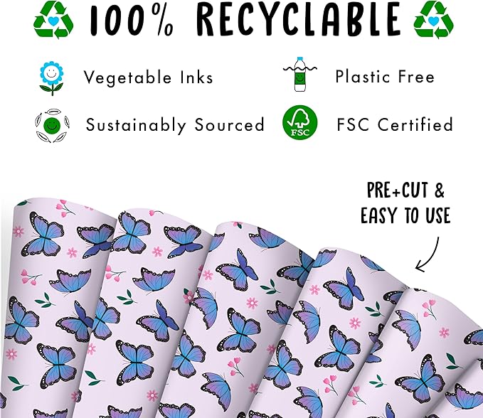Central 23-6 Wrapping Paper Sheets - Purple Butterflies - GiftWrap for Girls Women - Birthday Gift Wrap - Recyclable - Made in the UK