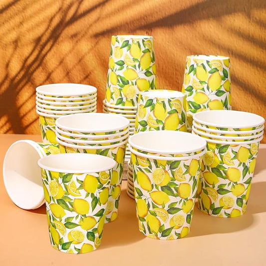 Whaline 50Pcs Watercolor Lemon Paper Cups Summer Fruit Disposable Cups Bulk Yellow Green Decorative Party Cup for Cold Hot Beverage Drinkware Table Decor Party Supplies, 9 Oz
