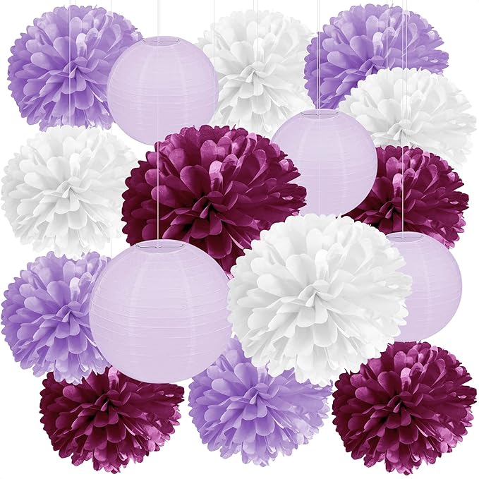 16 Pcs Purple Tissue Paper Pom Poms Set – Purple Decorations for Party with Pom Poms, Flowers & Lanterns – Elegant Reusable Decor with Soft Lavender Tones for Weddings, Events & Party Decorations