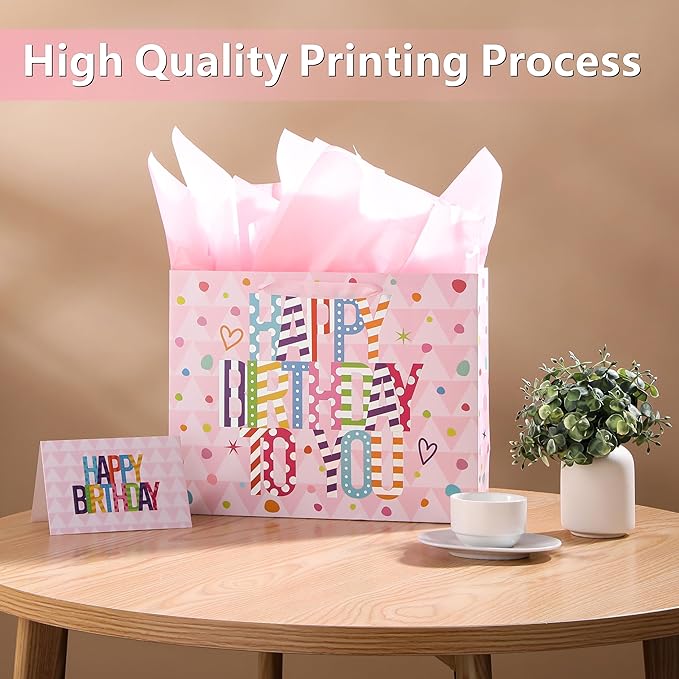 Bobobag 13" Large Gift Bag with Tissue Paper and Greeting Card,Pink Happy Birthday gift bags for Girls