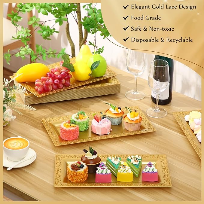 Maxcheck 24 Pcs Gold Plastic Serving Tray Platter Set 14 x 7.5 Inches Gold Lace Rim Serving Trays for Food Dessert Fruit Cupcake Weddings Table Parties Display
