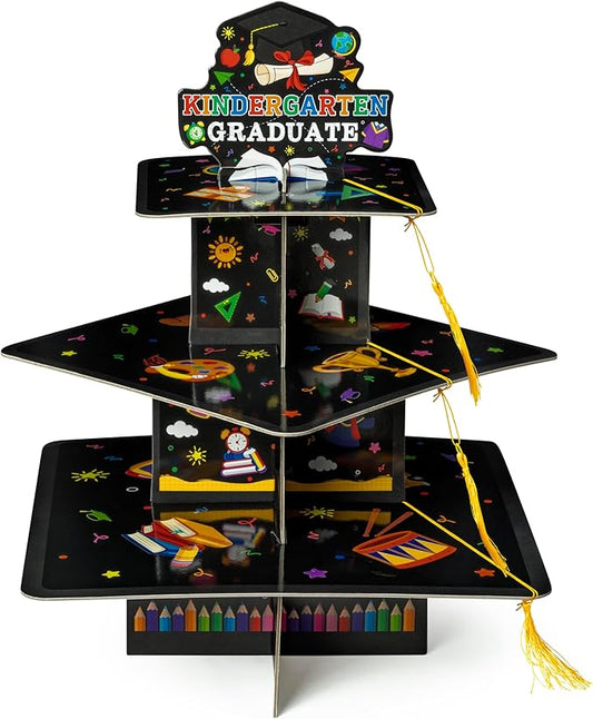 Haooryx Kindergarten Graduation Cupcake Stand - 3-Tier Black Graduate Cap Cupcake Tower with Tassel Cardboard Square Dessert Holder for Kindergarten School Graduation Party Dinner Table Decoration Supply