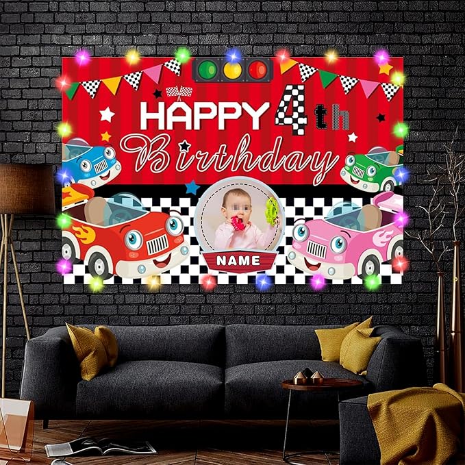 Dicodes Custom Car Theme Birthday Decorations Banner - Personalized Fabric Banner for Birthday Party Supplies