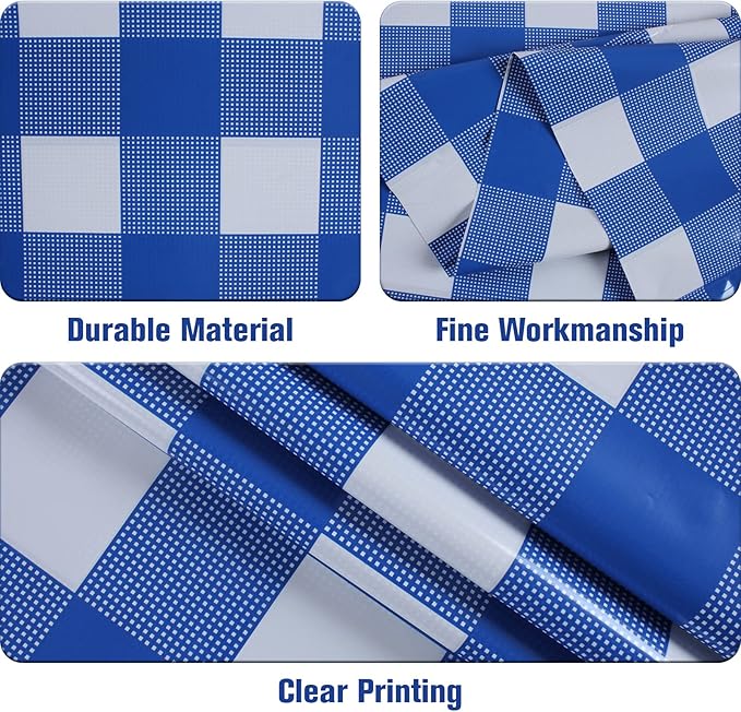 Kesfey 12 Packs Bule and White Checkered Tablecloths Party Picnic Disposable Table Covers 54 × 108 Inches Splashproof Plastic Checkered Gingham Tablecover for Outdoor Dinners Party Retro Celebrations