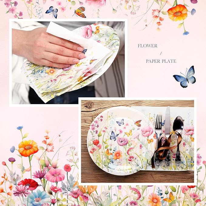 Zhehao 120 Pcs Wildflower Dessert Plates Flower 7 Inch Disposable Paper Plates and Napkins Bulk Floral Birthday Party Decorations Wedding Party Supplies