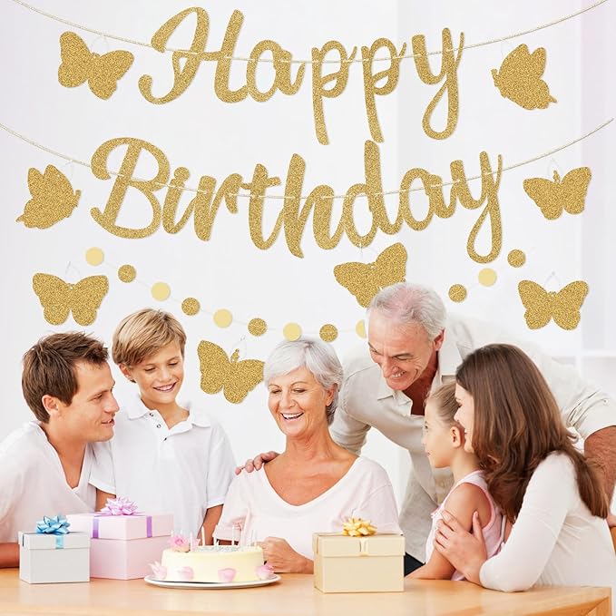 Pre-Strung Happy Birthday Banner, NO DIY Birthday Decorations with Circle Dot Garland and Butterflies, Happy Birthday Party Decorations for Women Girls (Gold)