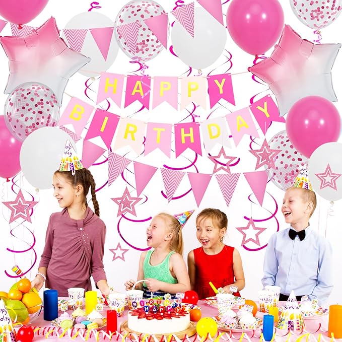 Pink Birthday Decorations, Happy Birthday Banner and Pink Star Balloons, Glitter Hanging Stars with Hanging Swirls, Bunting Banner, for Women Girls Party Decoration