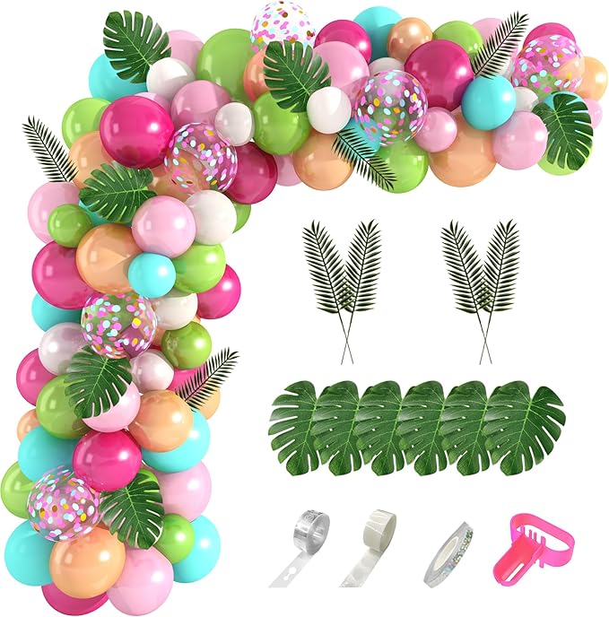 Amandir 151PCS Tropical Balloons Arch Garland Kit, Green Hot Pink Confetti Latex Balloons Palm Leaves for Tropical Hawaii Flamingo Birthday Baby Shower Wedding Party Decorations Supplies