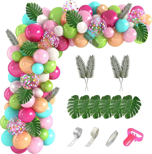 Amandir 151PCS Tropical Balloons Arch Garland Kit, Green Hot Pink Confetti Latex Balloons Palm Leaves for Tropical Hawaii Flamingo Birthday Baby Shower Wedding Party Decorations Supplies