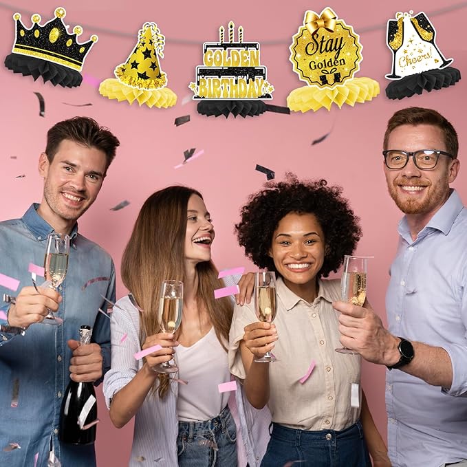 It's My Golden Birthday Honeycomb Centerpieces- Gold Happy Birthday Party Decorations for Teens, Women, Men - Golden Birthday Party Supplies for Girl or Boy, Golden Party Decorations Supplies