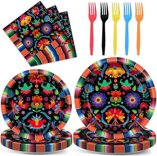 100PCS Mexican Fiesta Party Plates and Napkins Party Supplies Mayo Mexico Mexican Tableware Dinnerware Set Decorations for Dia De Los Muertos Day of The Dead Dance Pinata Colorful Ponchos Serves 25