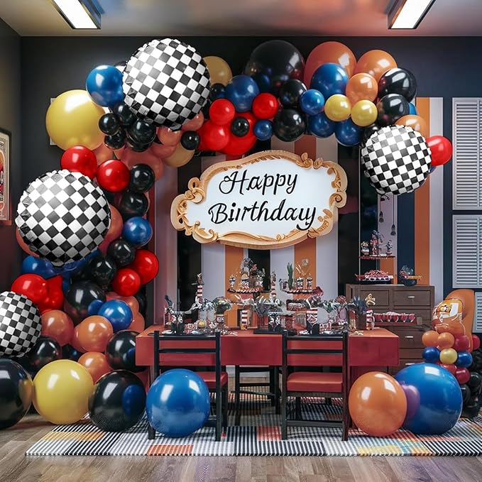 Racing Theme Balloons Arch Garland Kit, Blue Red Black Checkered Pattern Flag Foil Balloon, Racing Themed Decorations for Boys Birthday Party Baby Shower