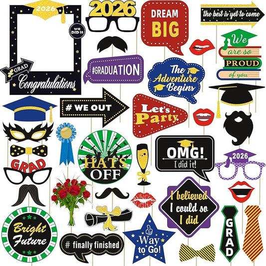 36pcs Graduation Photo Booth Props, Grad Photo Props, Graduation Decorations Class of 2026, 2026 Photo Booth Props Set for Graduation Party Favors Supplies Decorations, 2026 Grad Party Pose Signs