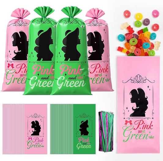 Funrous 100 Pcs Pink and Green Birthday Bags 11 x 5 Inch Witch Party Candy Bags Pink and Green Cellophane Sorority Party Favor Princess Pattern with Twist Ties for Woman Holiday