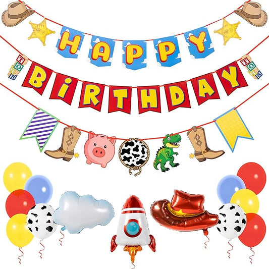 Pirese Toy Adventure Birthday Decorations, Cowboy Space Birthday Banner Party Kit with Balloons, Pre-Strung Toys Time Birthday Decor for Kids