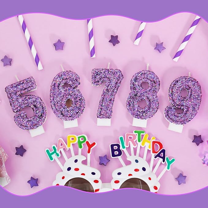Deep Purple Glitter Birthday Candles for Girls - Number 6 Candle Cake Topper for Purple Fairy Birthday Party Decorations