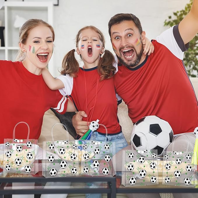 24Pcs Soccer Clear PVC Gift Bags With Handles Bulk 8 x 8 x 3 In Sport Theme Goodie Treat Candy Bags Soccer Team Present Wrap Tote Bag for Boys Birthday Party Favor Baby Shower Decorations Supplies