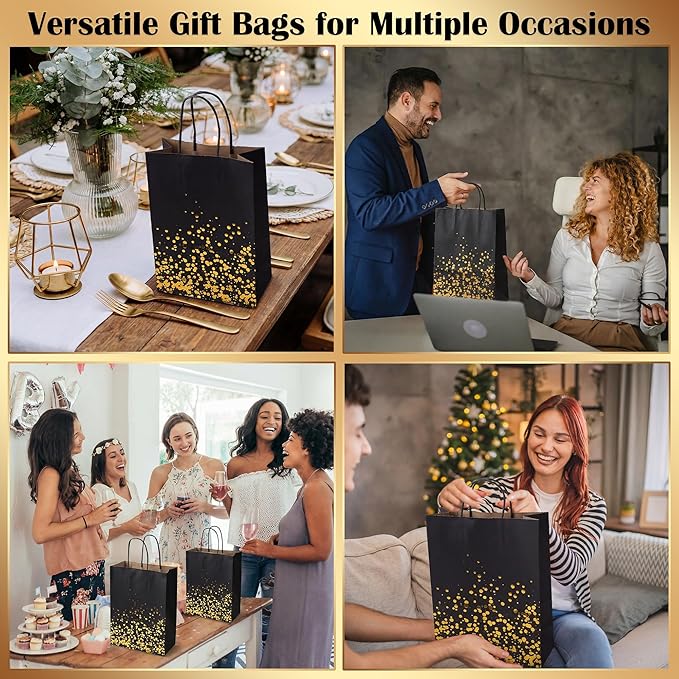 Cooraby 30 Pieces Bronzing Gold Black Paper Kraft Polka Dot Party Bags With Handle for Party Favors and Hen Parties