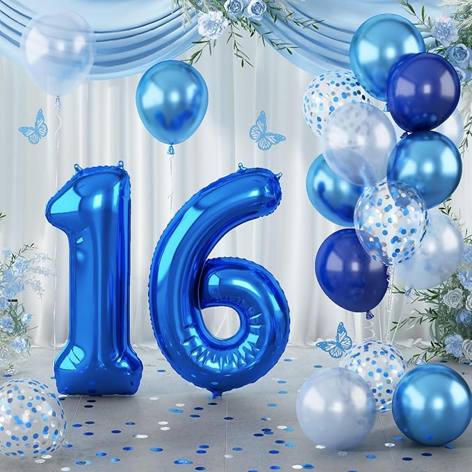 16 Balloon Number Blue, Big Number 16 Balloon Pastel Navy Dark Blue with Metallic Silver Confetti Balloon for Boys 16th Birthday, Foil 40'' Self Inflating Balloon 16 for Anniversary Party Decorations
