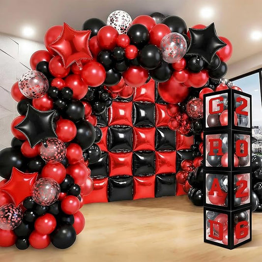 Seenelling Red Black 133 Pcs Graduation Decorations 2026 Set Red Black Balloons Boxes with Letters 2026 Grad Square Foil Balloons Complete Party Supplies for High School College Celebrations