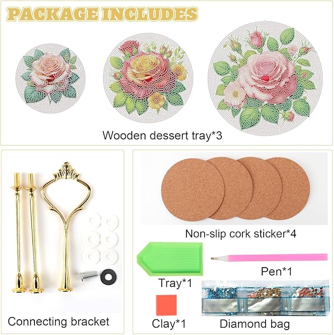 DoxQcs 3 Tier Wooden Diamond Art Painting Cake Cupcake Display Stand Round Cupcake Stand Dessert Tower Pastry Tray Platter for Tea Party Wedding Birthday-Rose