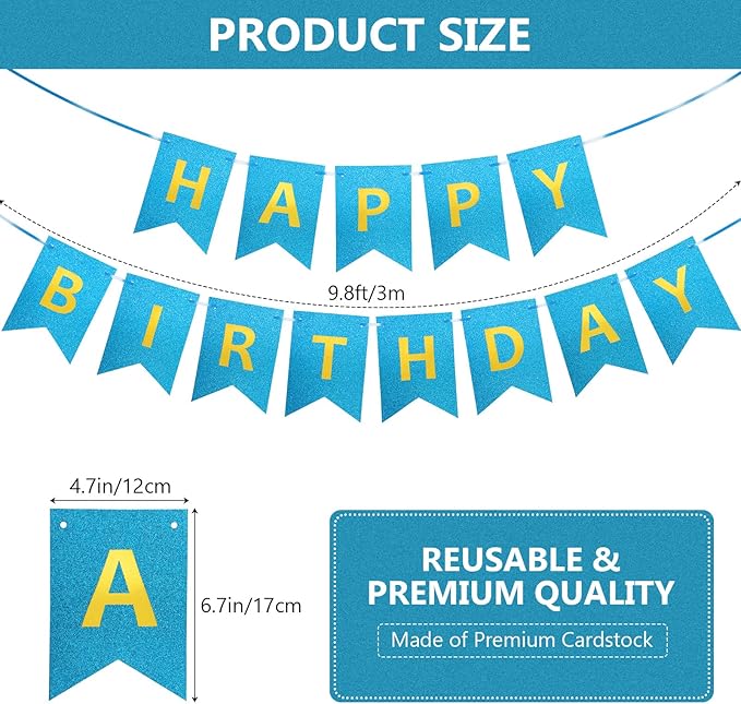 Clabby Glitter Blue Happy Birthday Banner with Shiny Letters Happy Birthday Shiny Glitter Hanging Signs Bunting for Party Supplies Hanging Backdrop Decoration