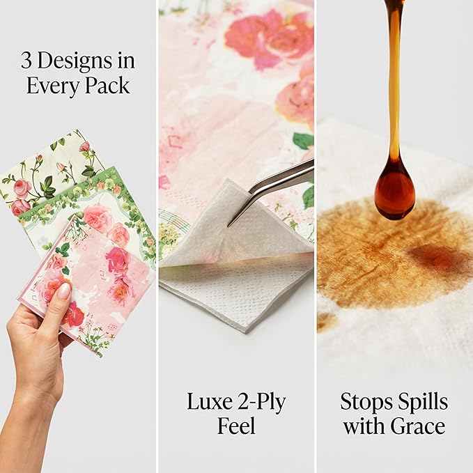 Floral Paper Napkins - 60 Count Napkins Disposable & Cocktail Napkins for Tea Party, Wedding & Baby Shower - Assorted Mixed Bouquet Party Napkins, Beverage Napkins Dinner Essentials